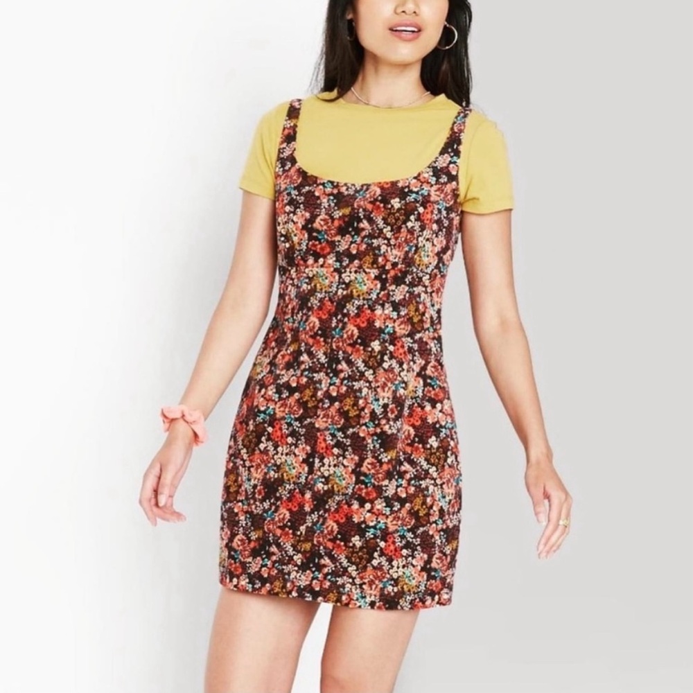 Wild Fable Corduroy Dress Sz Small Spaghetti Strap Brown Pink Floral